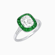 Art Deco Cushion Cut Ring with French-Cut Gemstone Halo and Diamond Accents - Shahin Jewelry